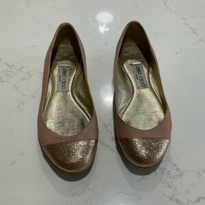 Jimmy Choo Nude Leather Gold Glitter Cap Toe Ballet Flats EU 36 US 6